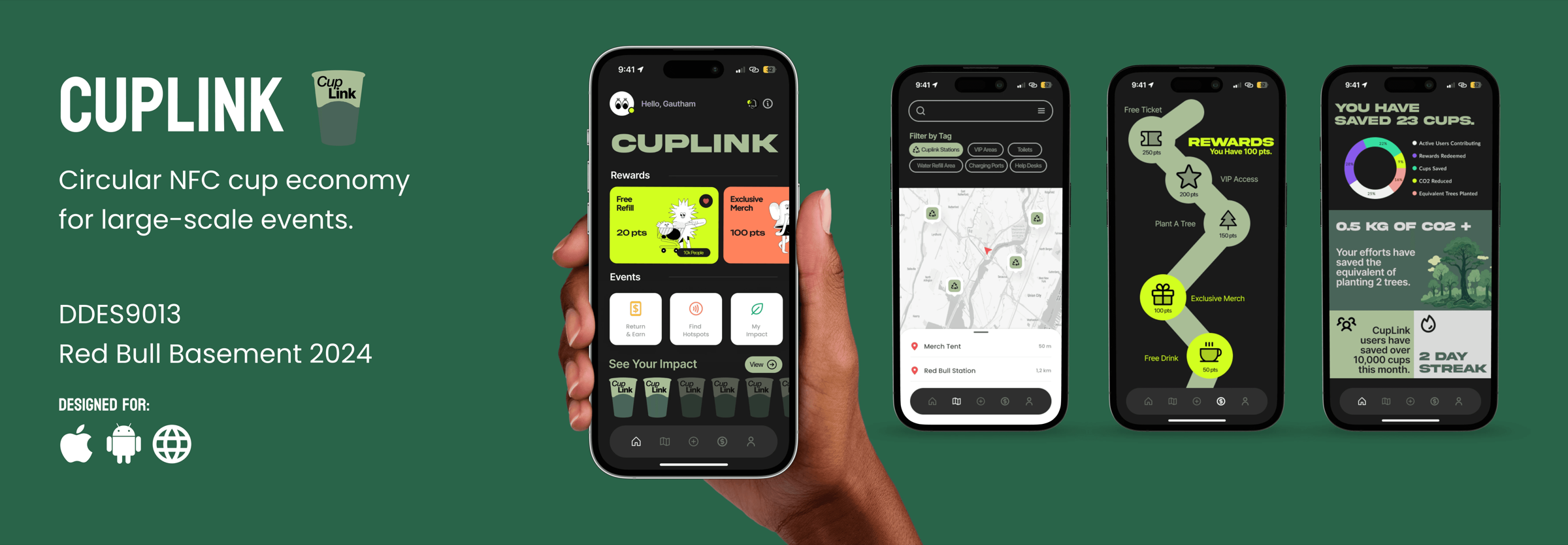 CupLink cover: the app on three phones beside the line Circular NFC cup economy for large-scale events, Red Bull Basement 2024.