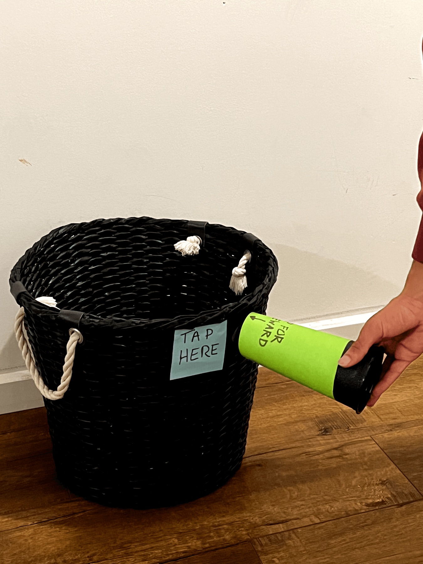 Paper prototype: a bin marked Tap Here and a green cup with an NFC sticker being tapped against it.