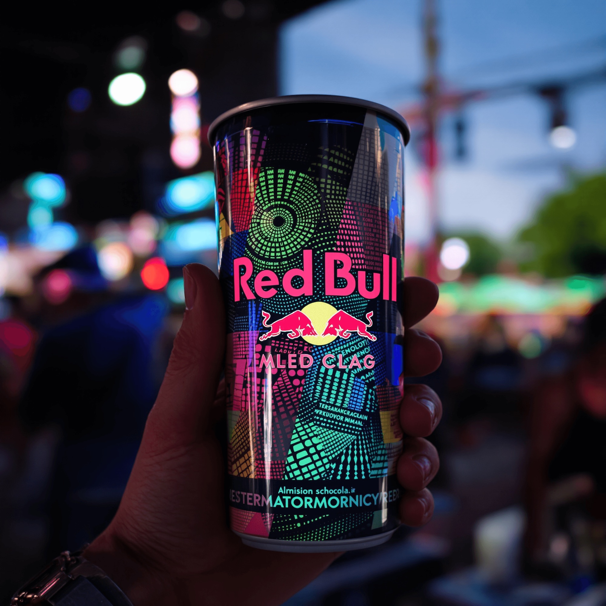 The final Red Bull branded CupLink cup held up in a festival crowd.