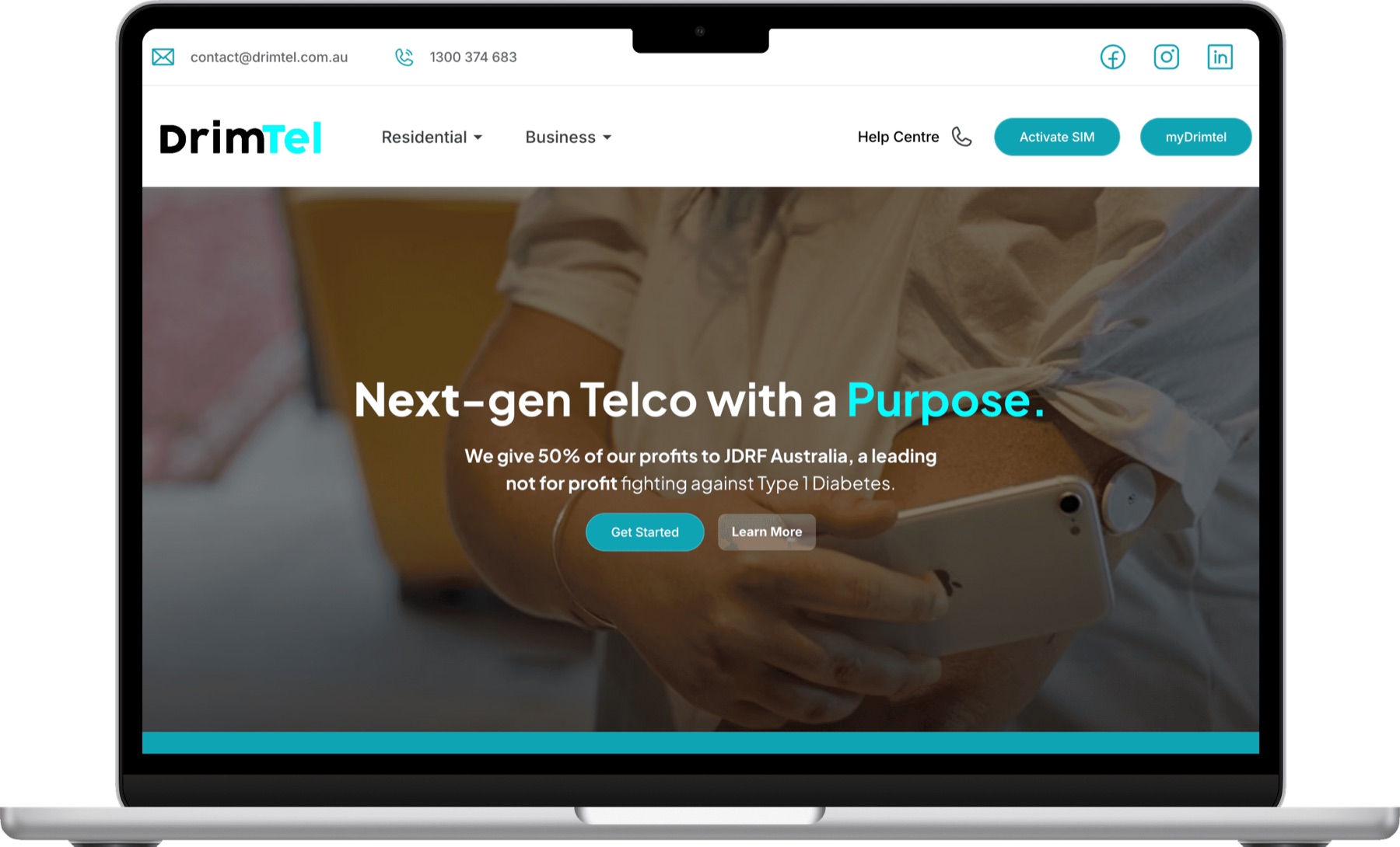 The redesigned DrimTel homepage: Next-gen Telco with a Purpose, leading with the JDRF donation.