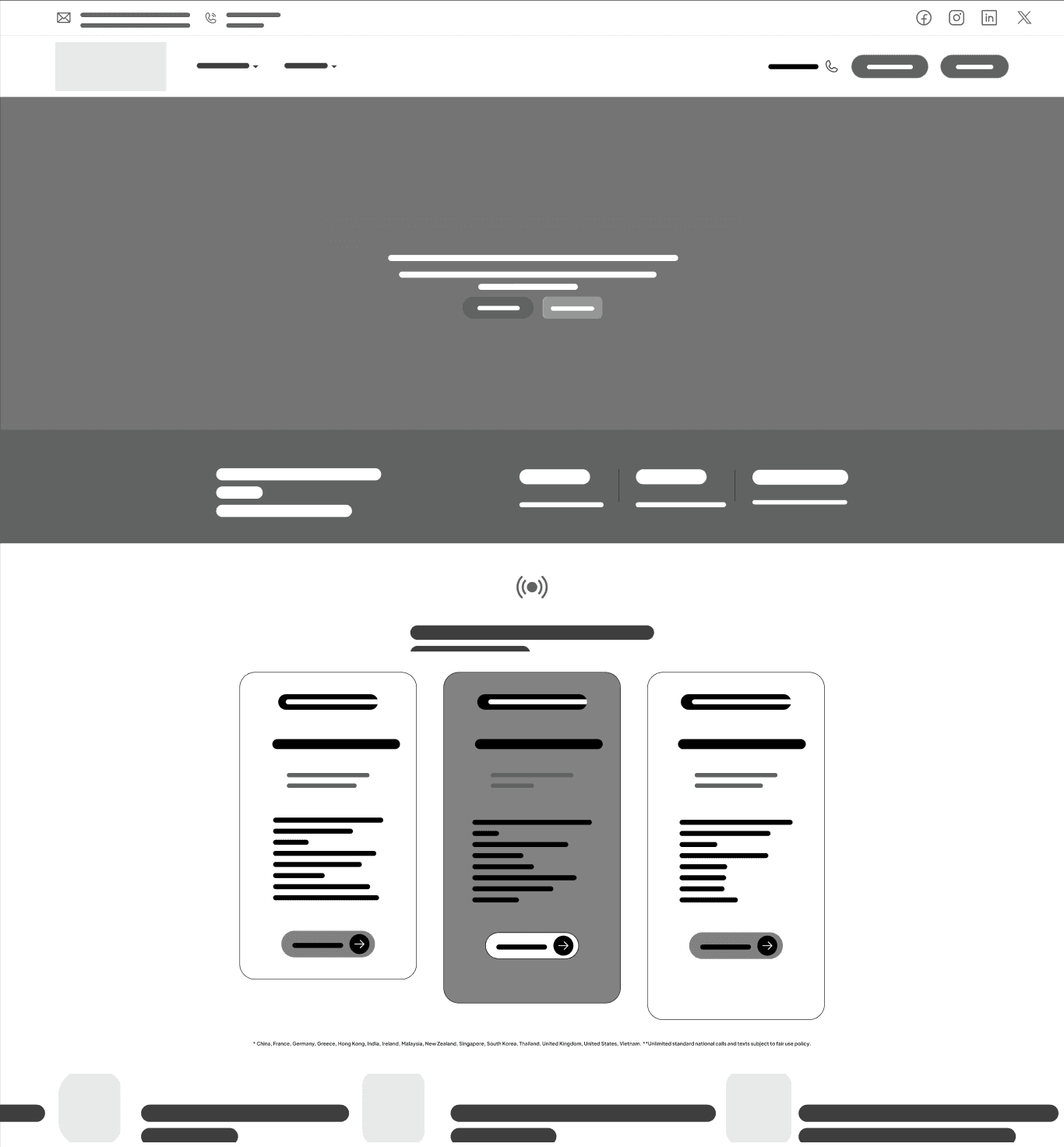 Greyscale wireframe of the redesigned DrimTel homepage with a bold mission tagline and scaled plan cards.