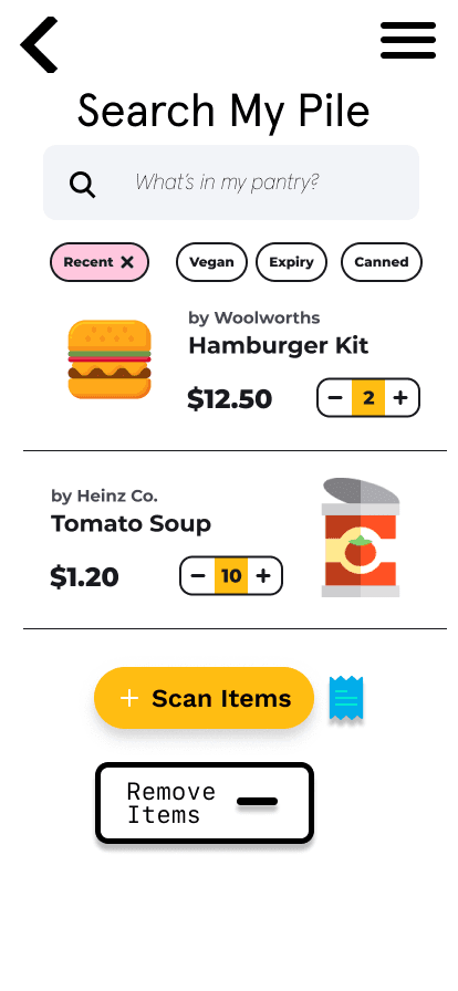 Foodpile pantry list with tracked grocery items.