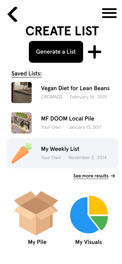 Foodpile shopping-list generator screen.