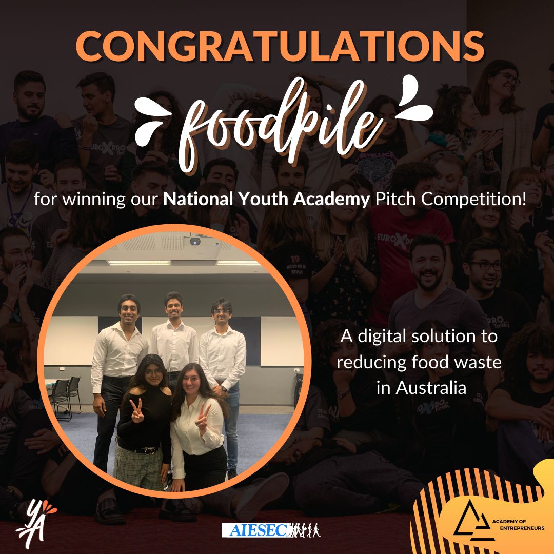 Announcement card: Foodpile wins the National Youth Academy Pitch Competition, with the team pictured.