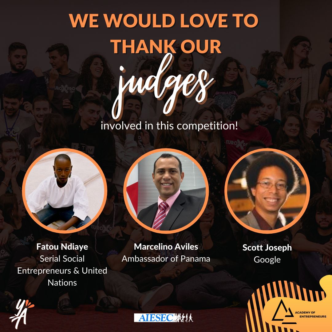 Judging panel card naming Fatou Ndiaye of the United Nations, Marcelino Aviles, Ambassador of Panama, and Scott Joseph of Google.