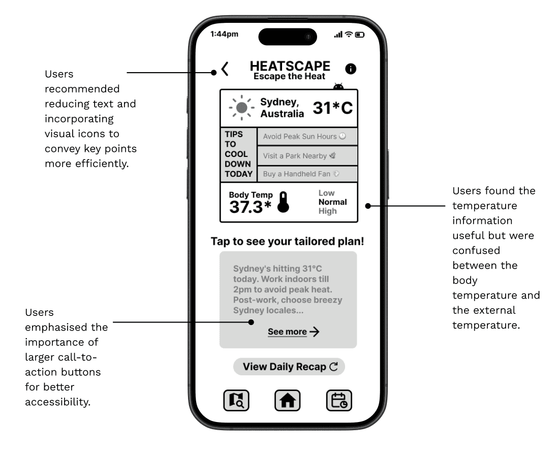 Annotated high-fidelity screen for Feature 1, Tips to Cooldown, showing a tailored cooling plan and larger call-to-action buttons.