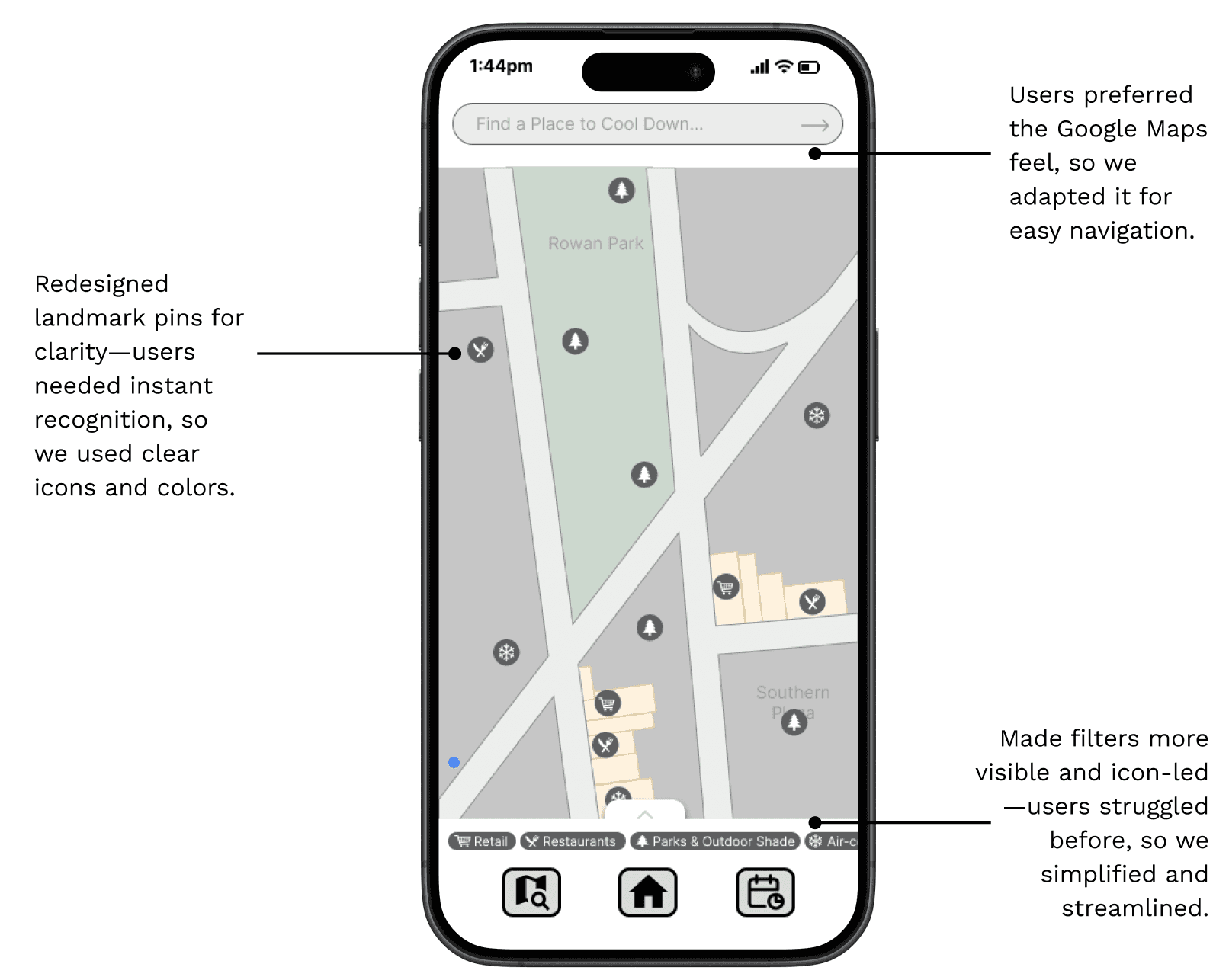 Annotated high-fidelity navigation screen with map pins for shaded parks, water stations and air-conditioned spots.
