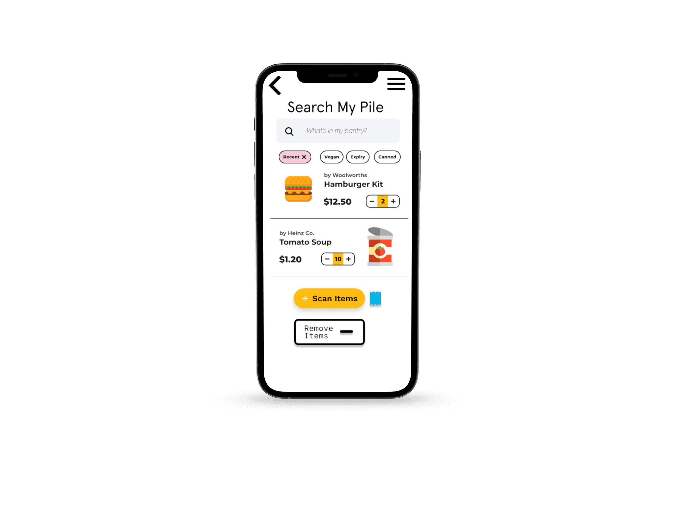 Foodpile, a pantry-tracking app, shown on a phone