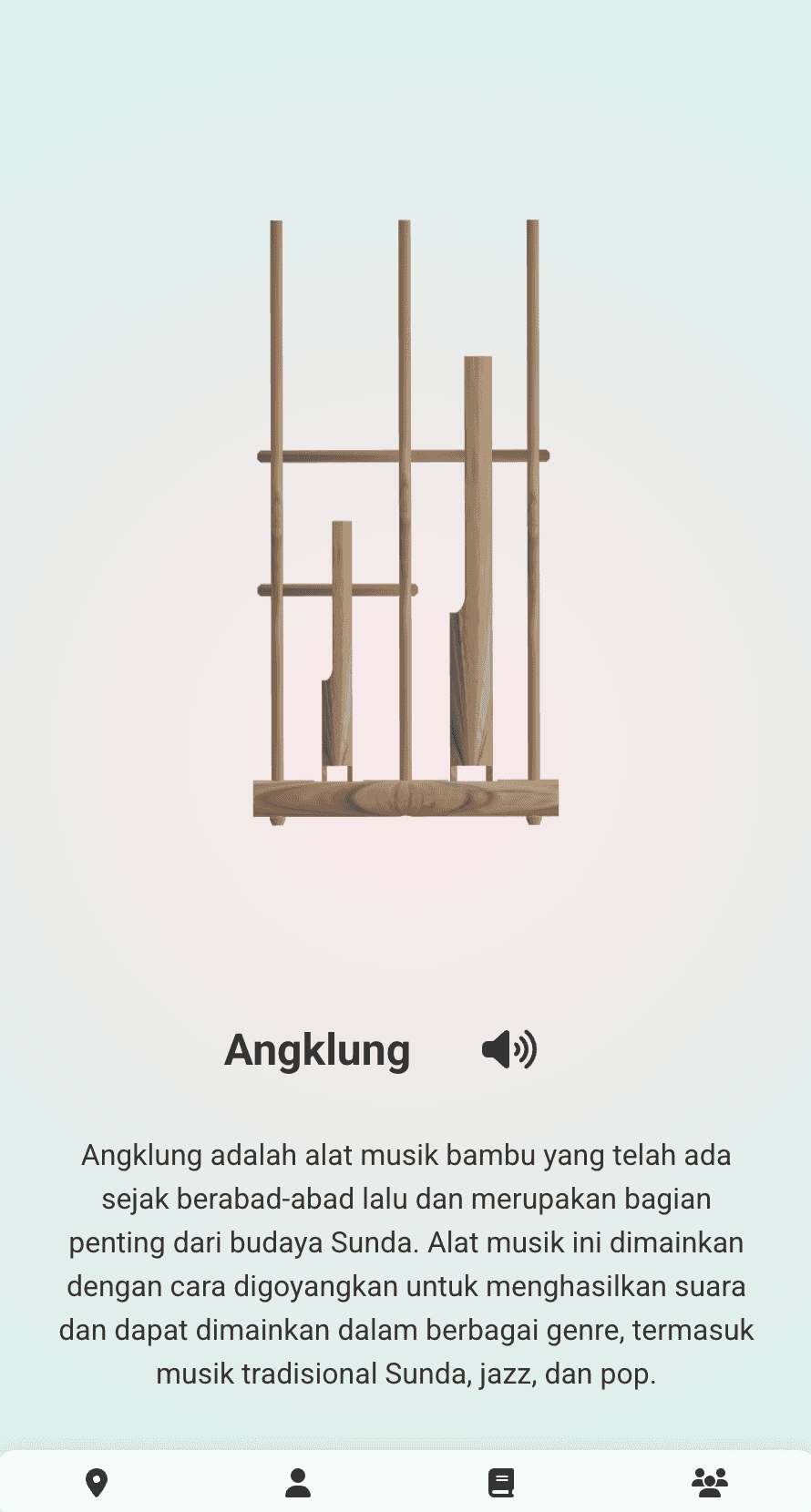 Cultural exploration app screen showing a Sundanese instrument and its story.