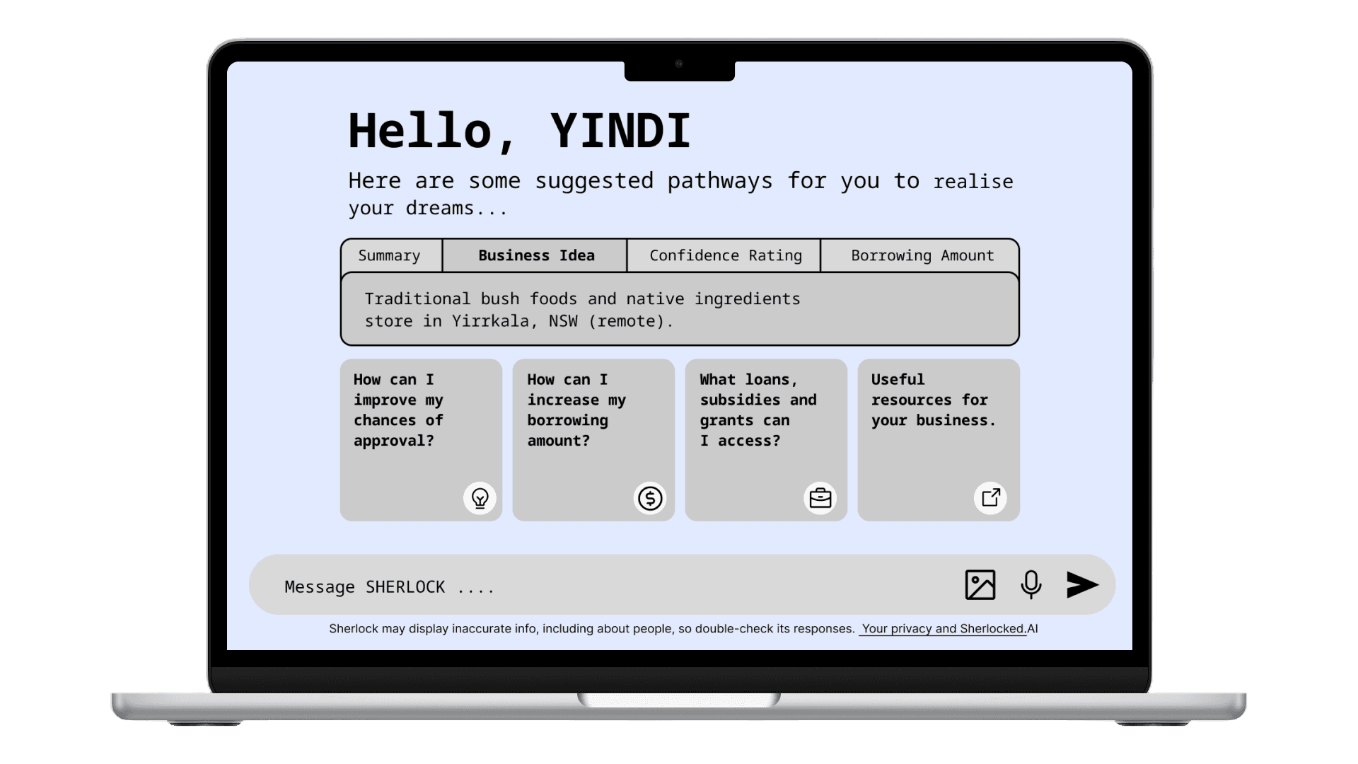The Sherlocked.AI assistant: a greeting to a user, a business summary, and suggested funding pathways with a confidence rating and a borrowing amount.