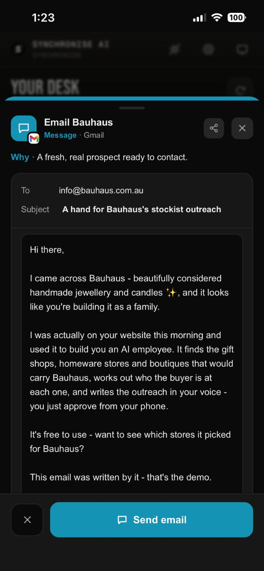 A drafted email card open on mobile, one tap from send.